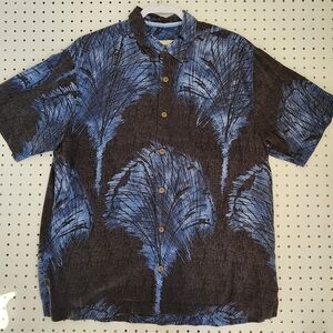 Tommy Bahama Shirt Large L Silk Back To Nature Palm Leaf Blue Black Button Up